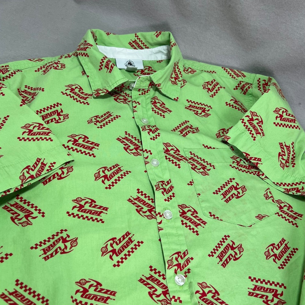 Disney‎ Button Up Shirt Green Pizza Planet Graphic Pixar Theme Park Mens Small